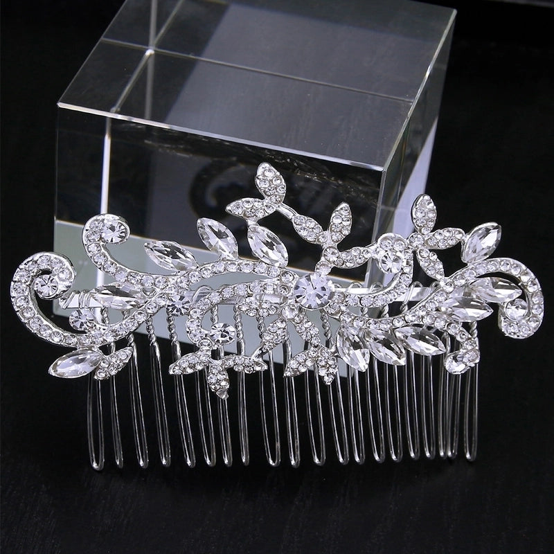 Bridal Crown Flower Alloy Plating Hollow Out Inlay Rhinestones Pearl Insert Comb 1 Piece
