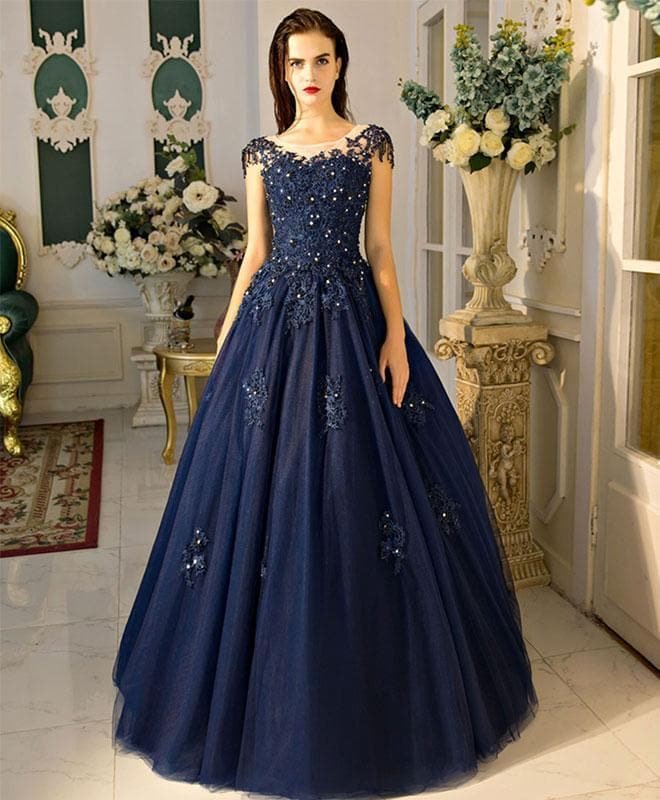 Unique Round Neck Dark Blue Tulle Lace Long Prom Dress, Evening Dress