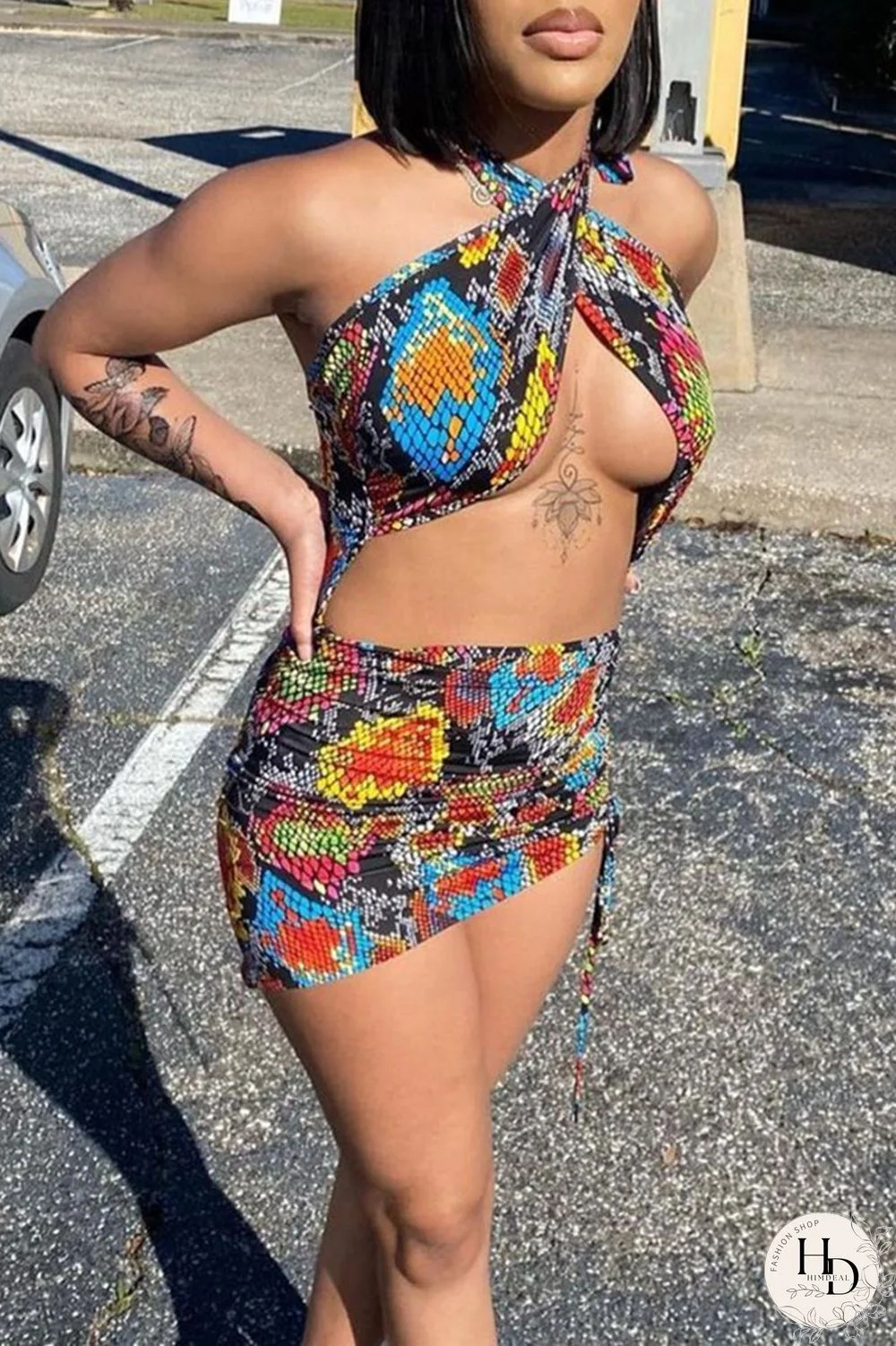 Grey Fashion Sexy Print Hollowed Out Backless Halter Sleeveless Dress