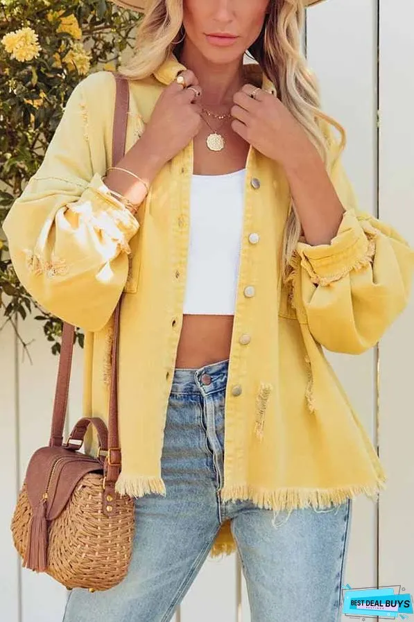 Distressed Raw Hem Denim Jacket with Chest Pockets