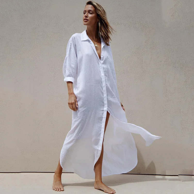 Uveng Uveng Cotton Loose Shirt Type Long Cardigan Bikini Swimsuit With Sunscreen Smock Vacation Beach Coat Female
