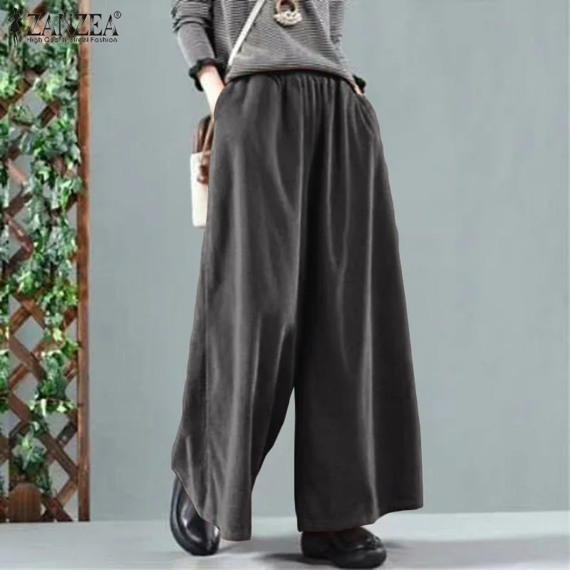 2022 ZANZEA Vintage Women Corduroy Wide Leg Pants Fashion Loose Harem Palazzo Autumn Trousers Elastic Waist Solid Long Pantalon