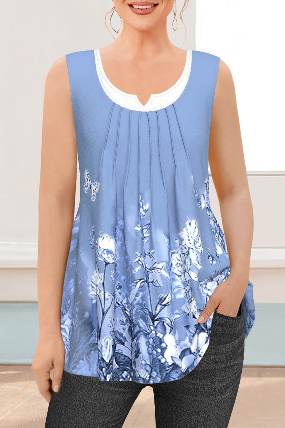 Flycurvy Plus Size Casual Blue Floral Print Patchwork Pleated Tank Top 2024 - Flycurvy 