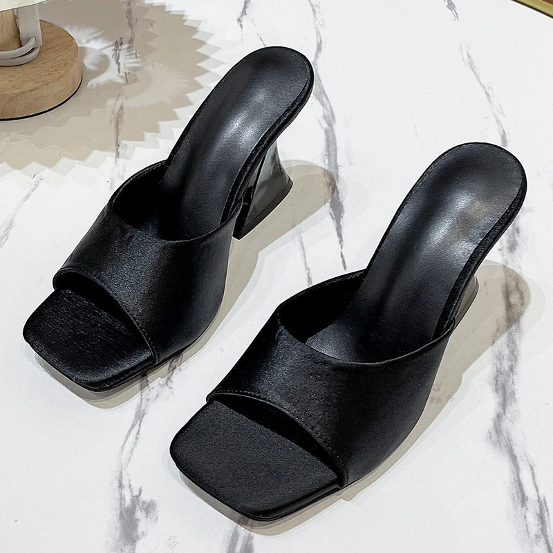 Tanguoant Tanguoant High Heel Slippers Female Summer Square Head Solid Color A Word Wear Fashion Versatile Ladies Large Size Sandals