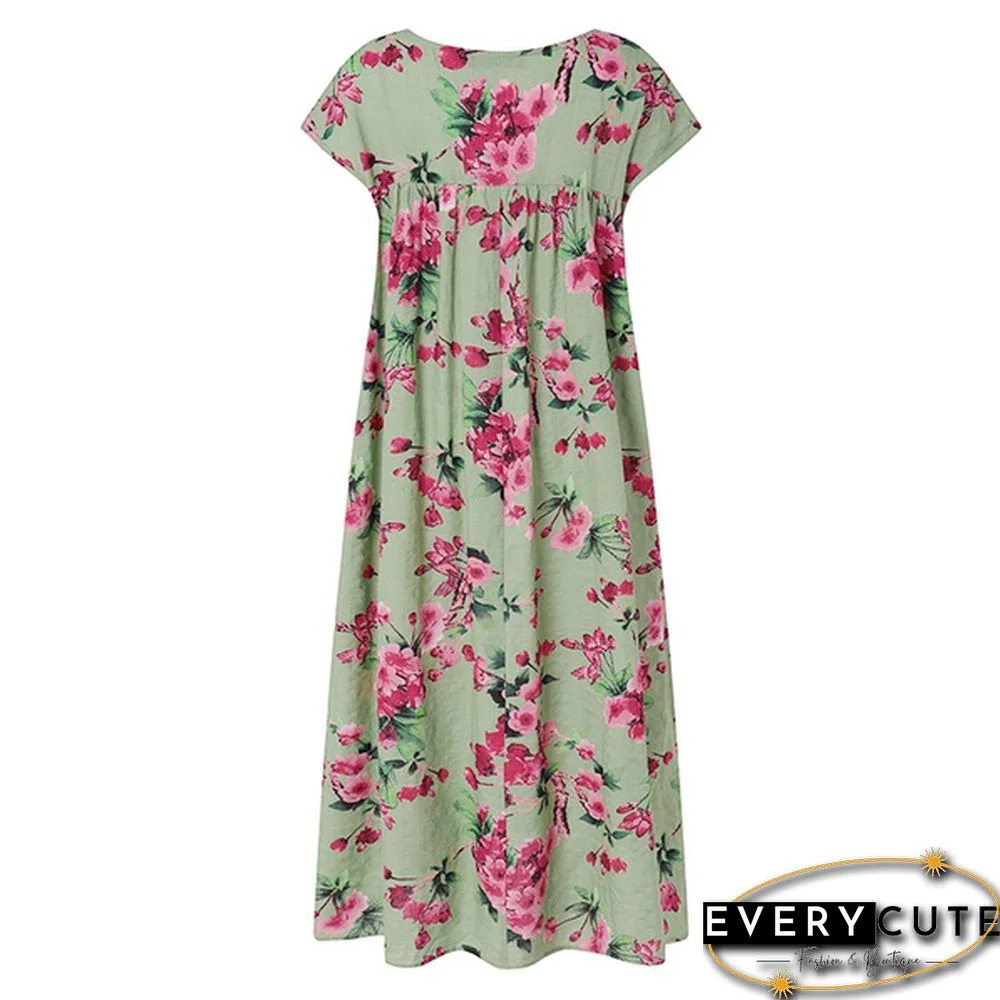 Women Summer Short Sleeve Crew Neck Loose Baggy Floral Printed Long Midi Shirt Dress Holiday Plus