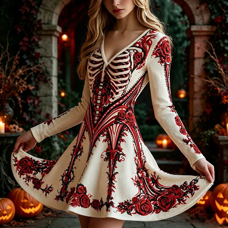 Women's Retro Halloween Human Bone Floral Print Long-sleeved Linen V-neck Dress