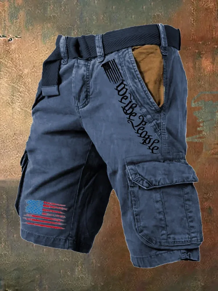 VChics Men's Vintage Flag Independence Day Multi-Pocket Print Cargo Shorts