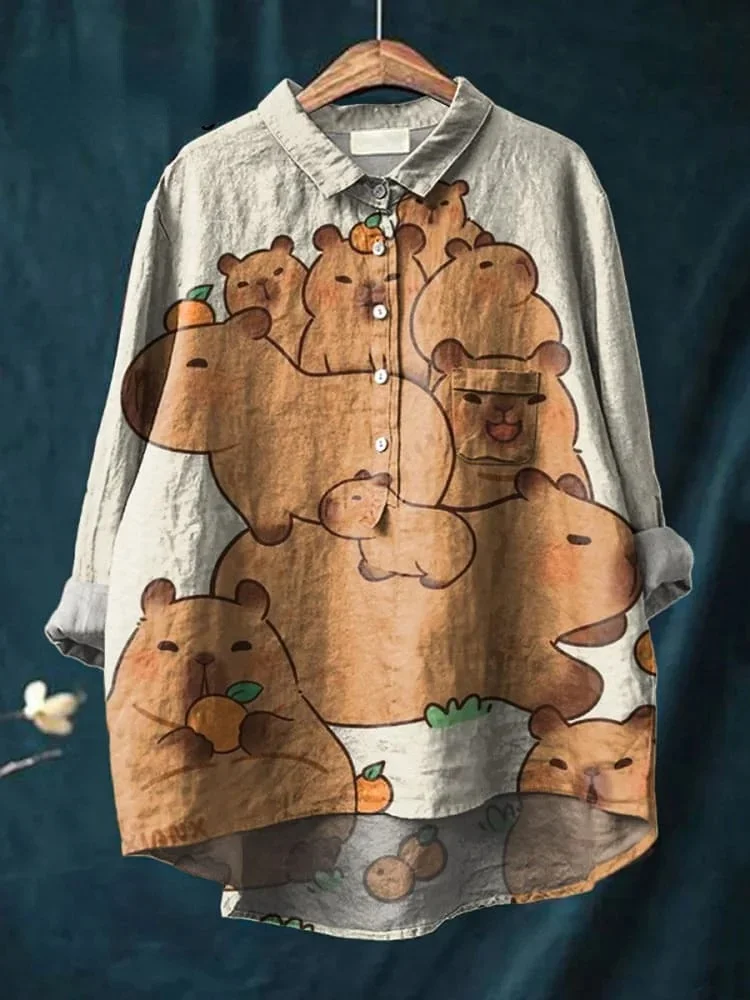Vintage Lovely Cute Orange Capybara Art Print Casual Cotton And Linen Shirt
