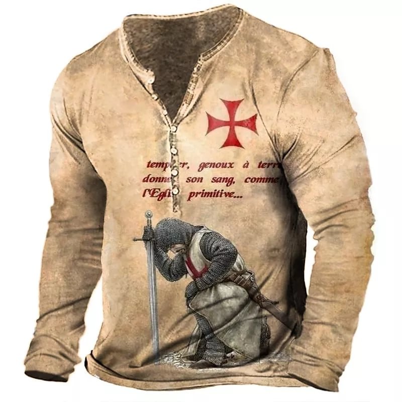 Men's Retro Crusader Printed Round Neck Long Sleeves Henny Shirt
