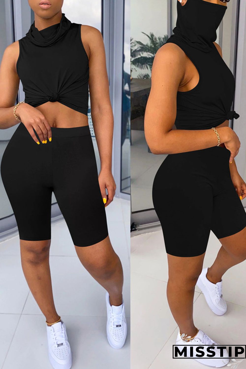 Black Casual Solid Patchwork Turtleneck Sleeveless Two Pieces