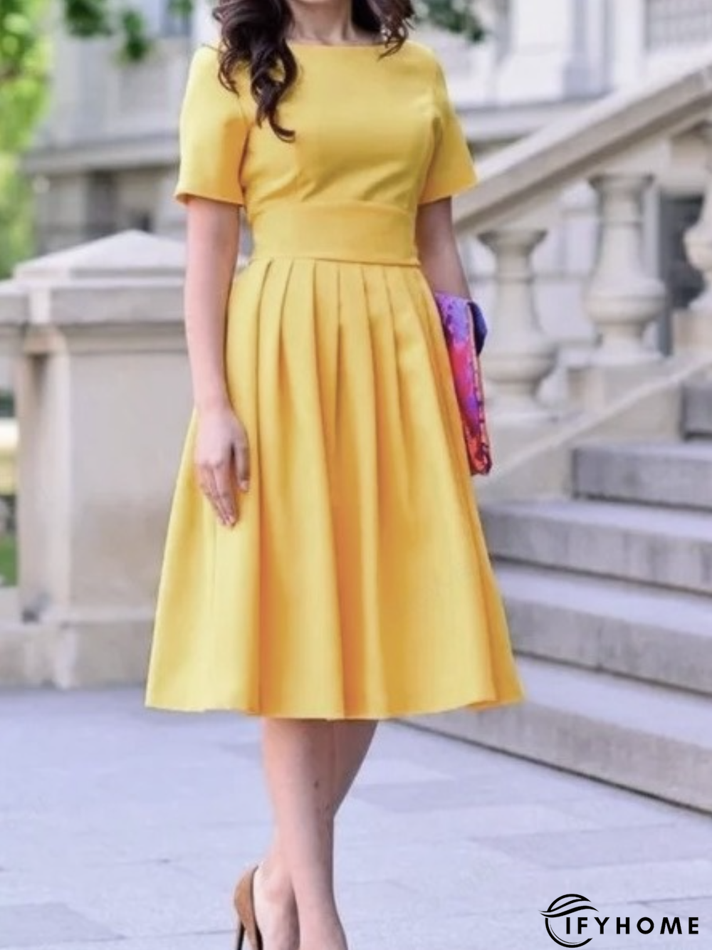 Work A-line Short Sleeve Crew Neck Date Dress | IFYHOME