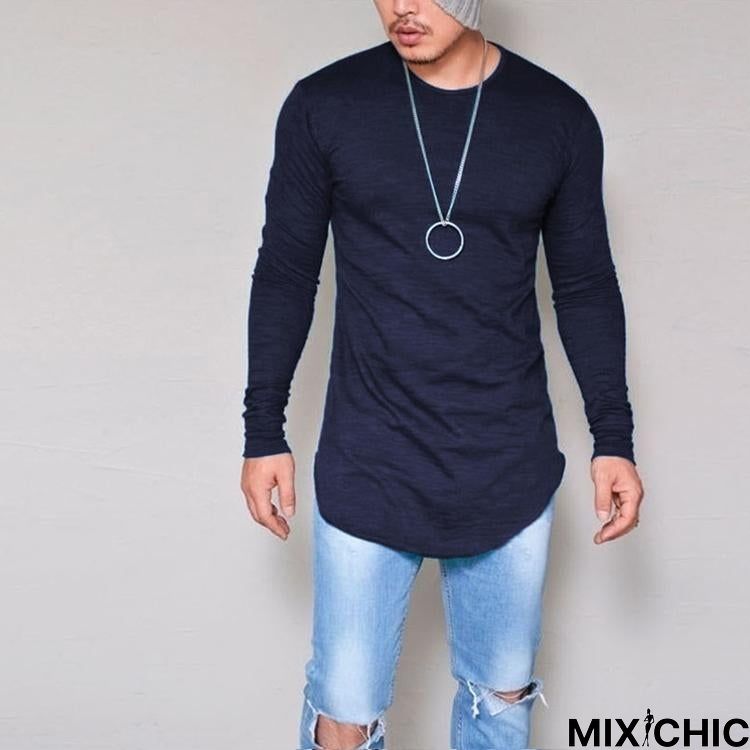 Plus Size Fashion Casual Slim Elastic Soft Solid Long Sleeve Men T Shirts Male Fit Tops Tee