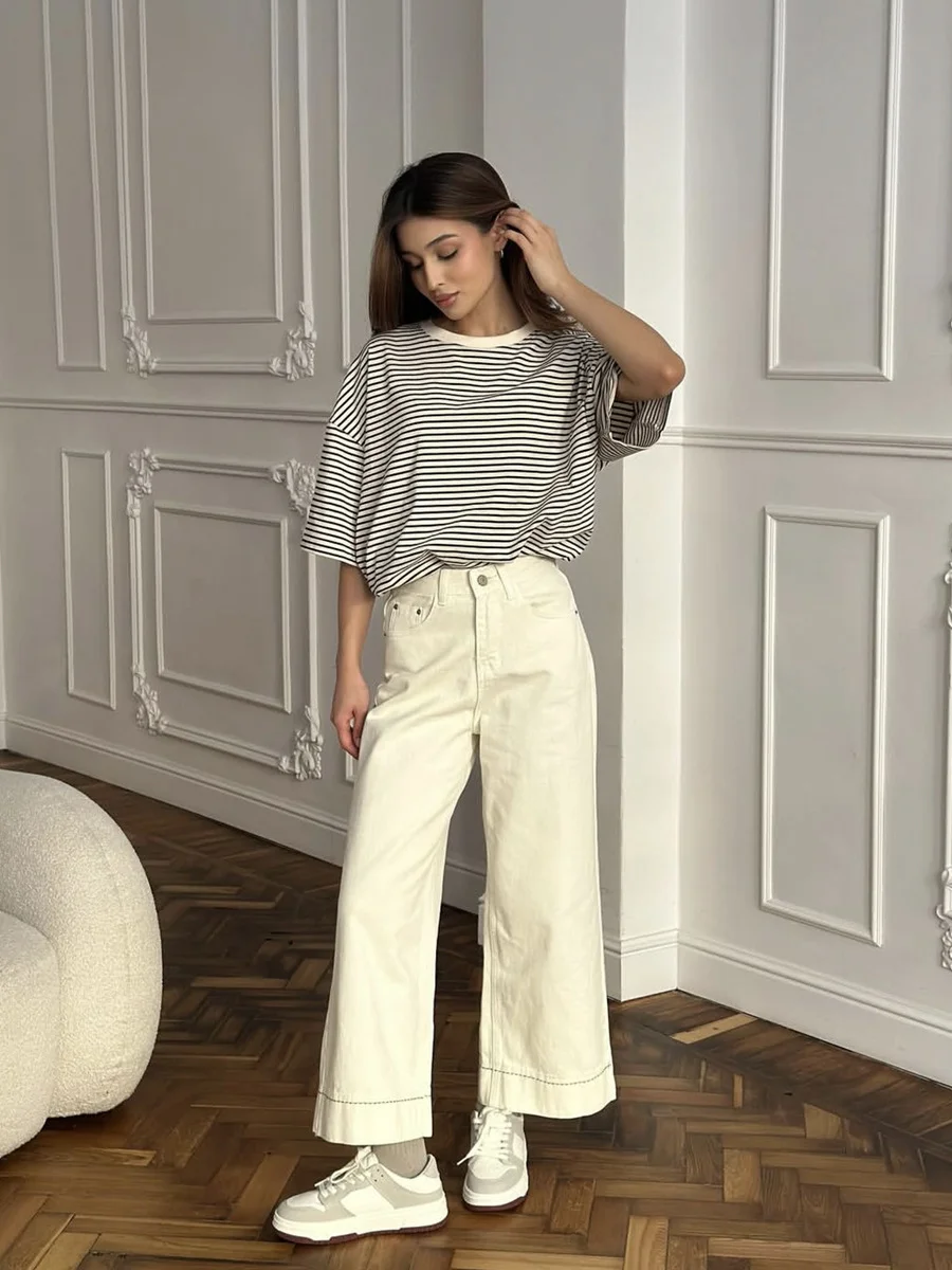 Athvotar Athvotar And White Striped Short-Sleeved T-Shirt Women 2025 Spring And Summer New Crash-Colored Loose Collar Casual Shirt