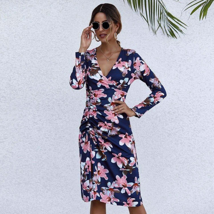 Spring Autumn Woman Clothes Bohemia Dress Long Sleeve Sexy V-neck Floral Dresses Fashion For Women Fall 2020 Women's Clothing