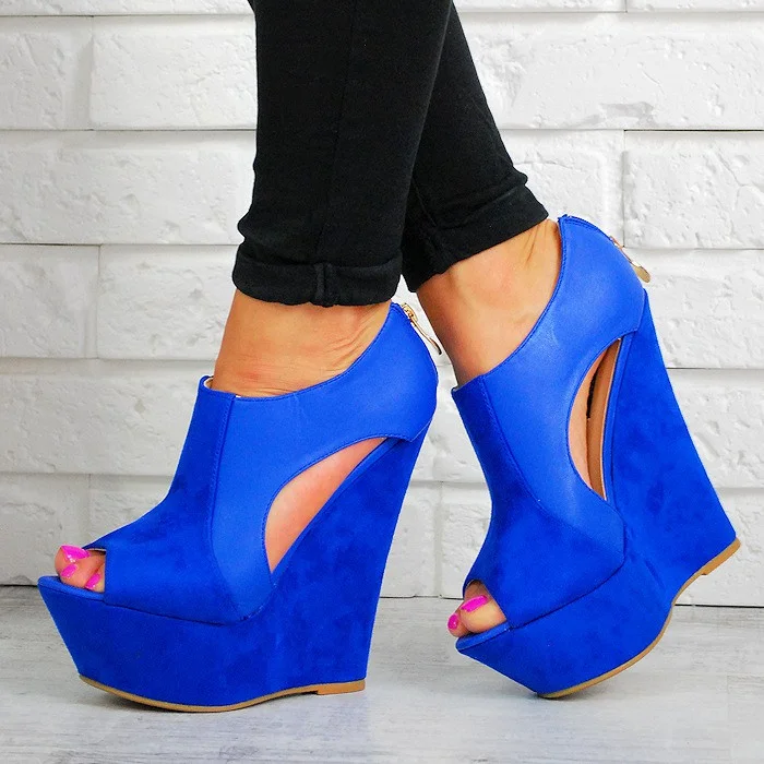 Blue Vegan Suede Peep Toe Booties Platform Wedge Sandals |FSJ Shoes