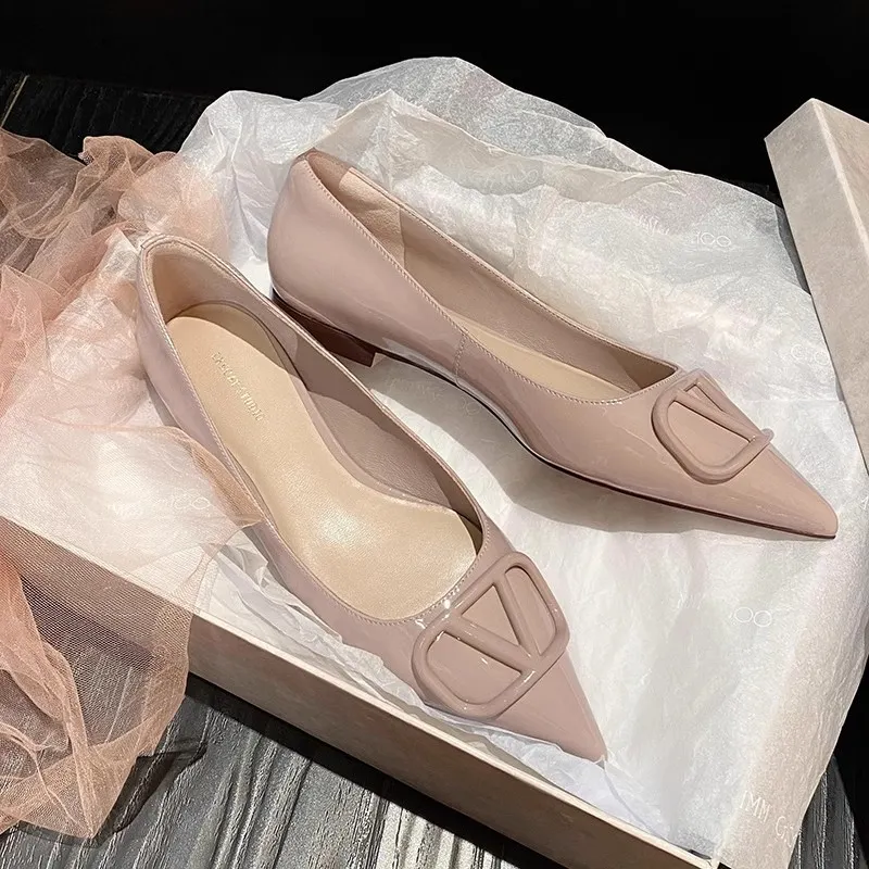 Breakj Breakj 5Cm Invisible Inside The High-Skin Temperament Pointed Side Button Single Shoe French Nude Color Single Shoe