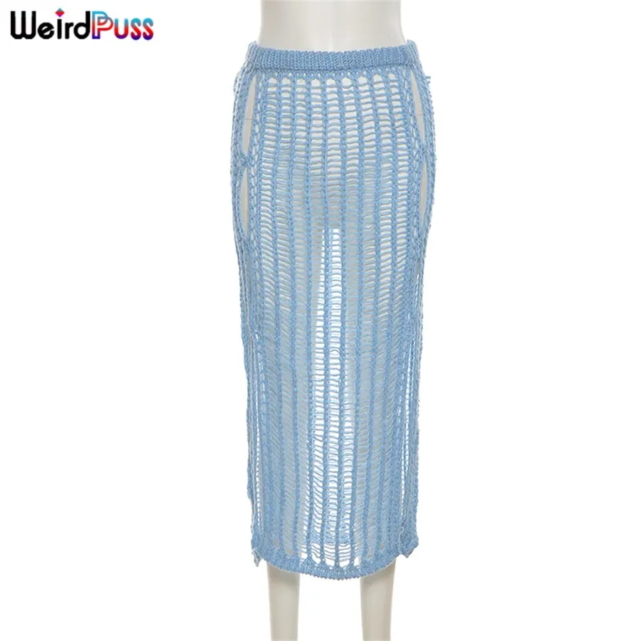 Weird Puss Summer Knitting Sexy Long Skirt Women Elastic See-Through Hollow Out Grid Party Streetwear Bottom Solid Color Outfits