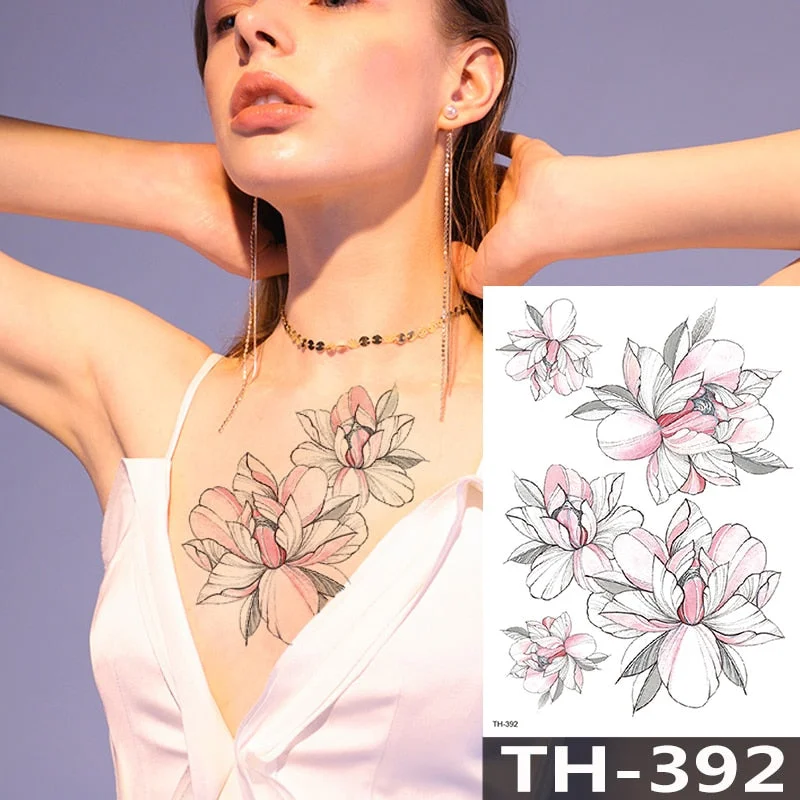 Rose Peony Flower Girls Temporary Tattoos For Women Waterproof Black Tattoo Stickers 3D Blossom Lady Shoulder DIY Tatoos