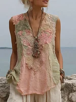 Women's Vintage Floral Patchwork Sleeveless Top