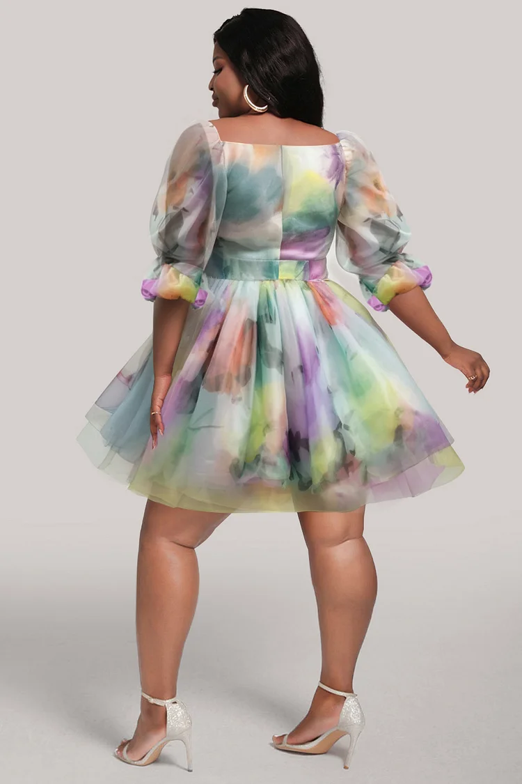 Xpluswear Design Plus Size Prom Multicolor Milkmaid Floral Square Neck 3/4 Sleeve Organza Mini Dresses [Pre-Order]