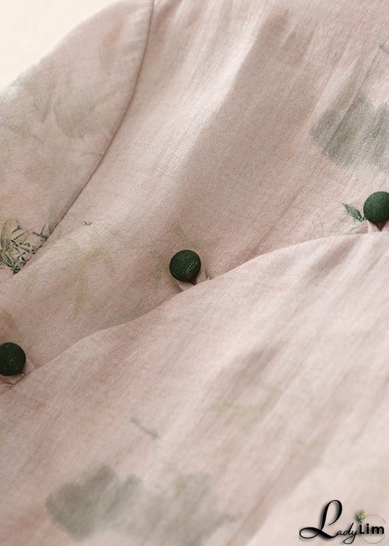 Casual Versatile Pink Stand Collar Print Cotton Shirts Summer