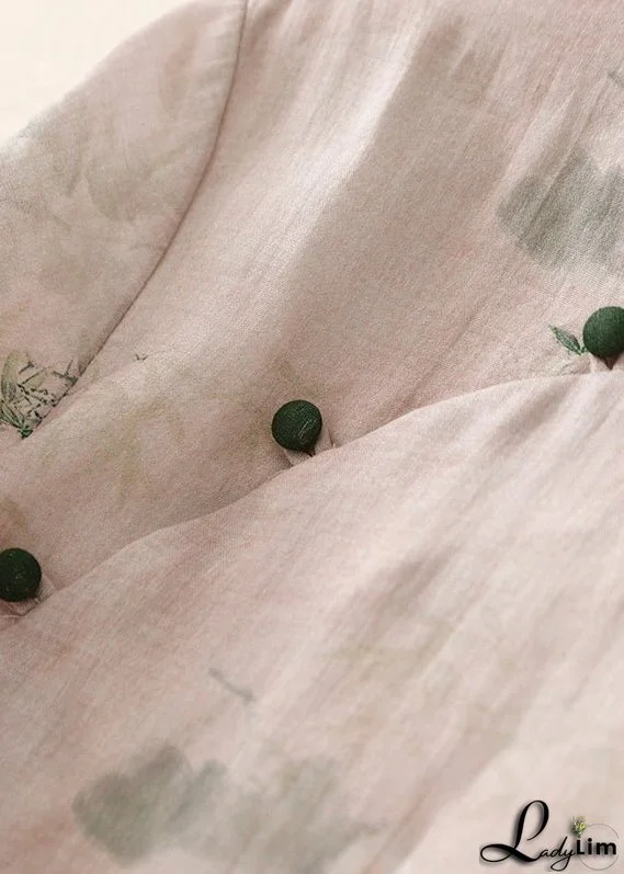 Casual Versatile Pink Stand Collar Print Cotton Shirts Summer