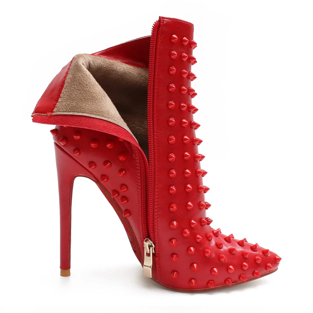 3.94" /4.72" Women's Ankle Boots Red Bottom Shoes Rivet  Closed Pointed Toe Stilettos Booties-MERUMOTE