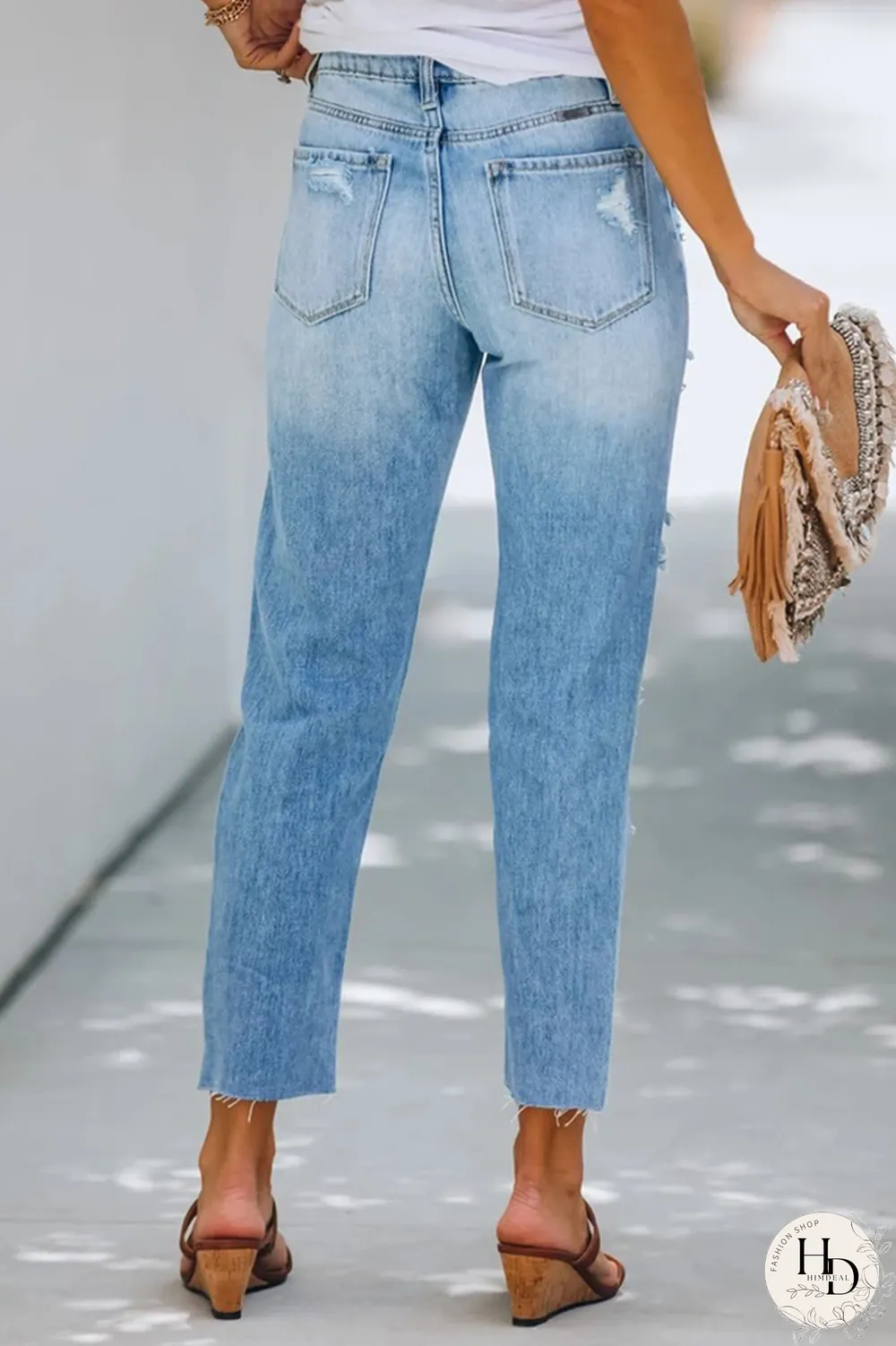 Street Solid Tassel Ripped Regular Pencil Solid Color Bottoms