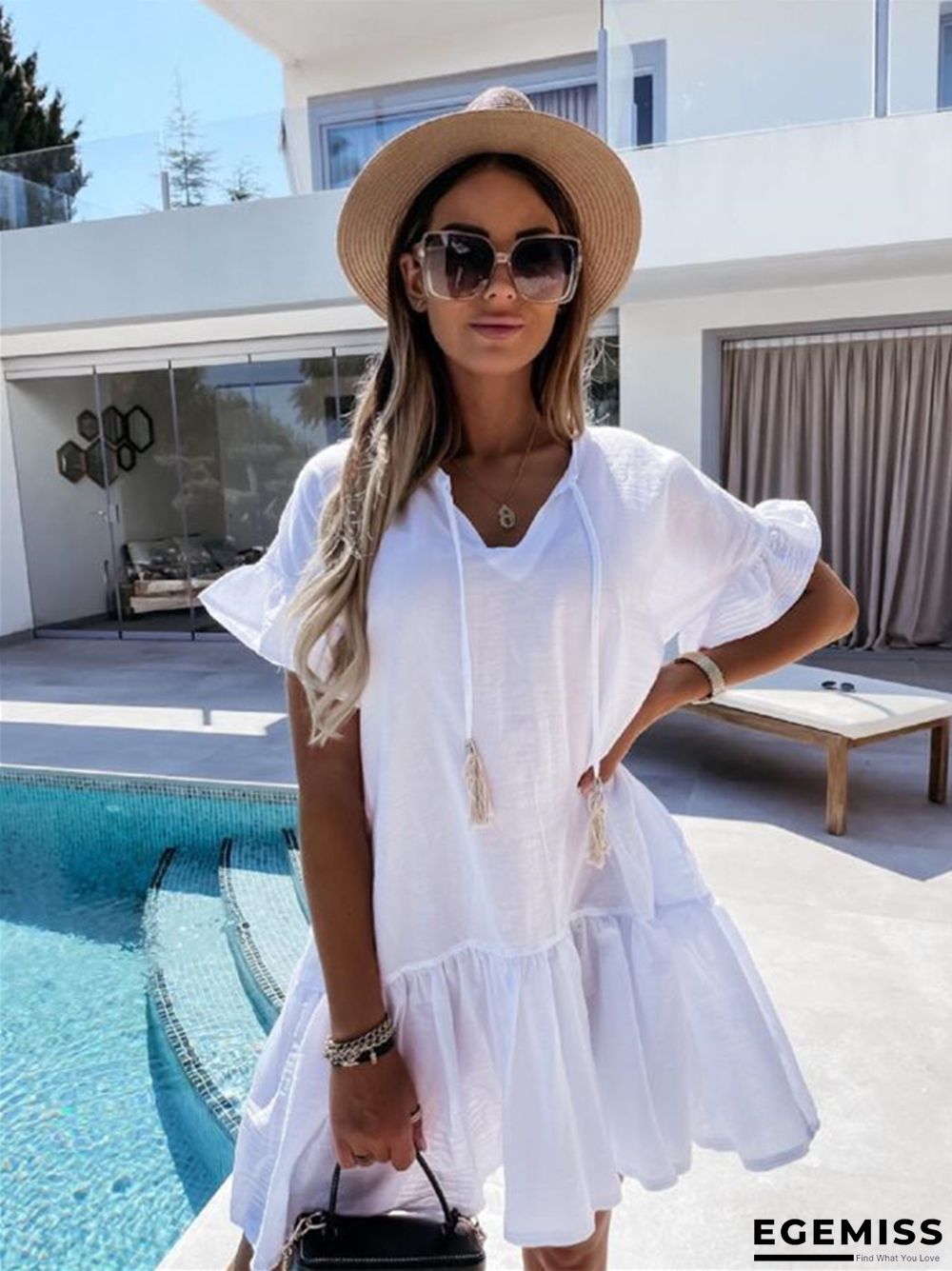 Casual Loose Fashion V-neck Ruffle Sleeve Hanging Beard Pleated Dress Women's White Dresses | EGEMISS