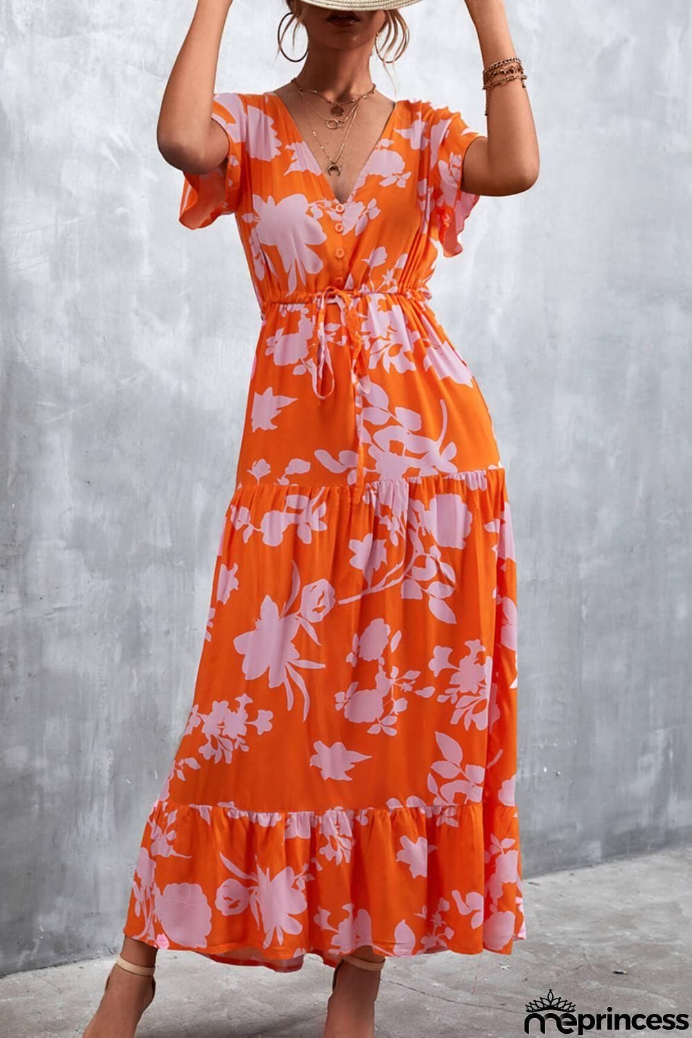 Floral Buttoned Drawstring Waist Tiered Dress