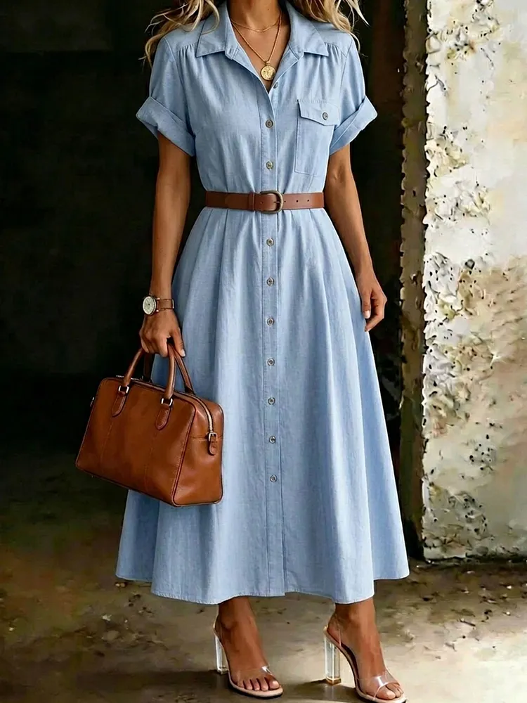 Women&rsquo;s Casual Short Sleeve Button Pocket Dress