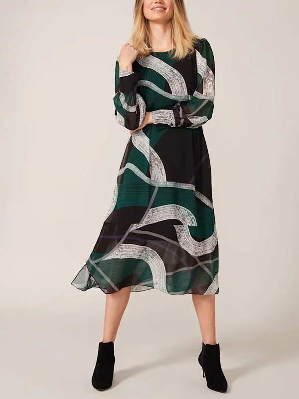 Chiffon with Semi-transparent Drawstring Sleeves Women's Printed Dress