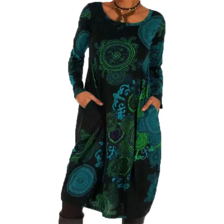Brownm Polyester Fiber Women's Print Dress Long Pullover