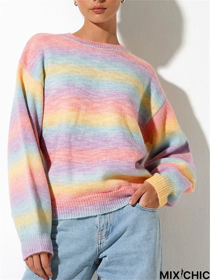 Rainbow Stripe Gradient Color Round Neck Long Sleeve Casual Jumper Sweater