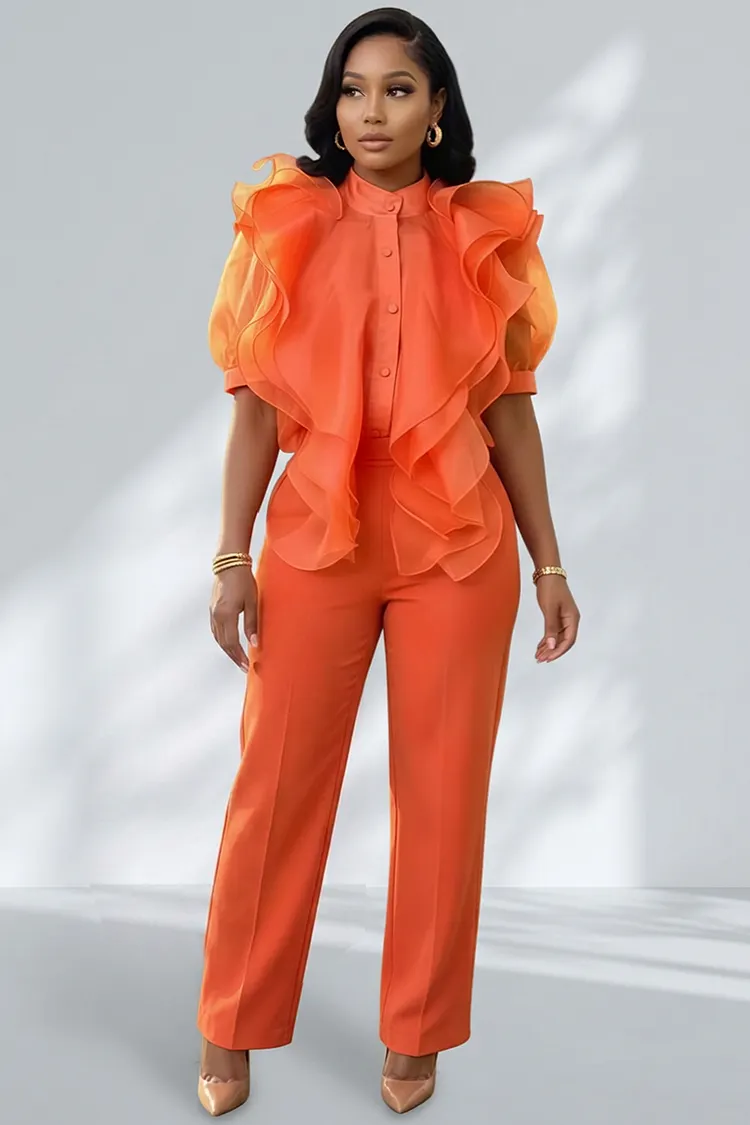 Xpluswear Design Plus Size Formal Orange Mock Neck Puff Sleeve Short Sleeve Ruffle Organza Two Piece Pant Sets [Pre-Order] 2024 - Xpluswear