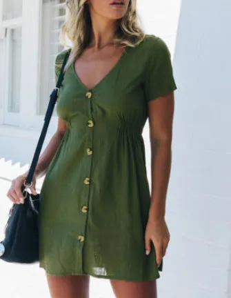Uveng Street Hipster Solid Color V-neck Slim-fit Button High Waist Dress