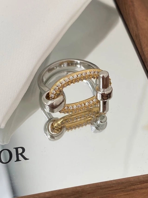 2 Pieces IG Style Oval Copper Zircon 18K Gold Plated Mixed Metal Plating Inlay Rings