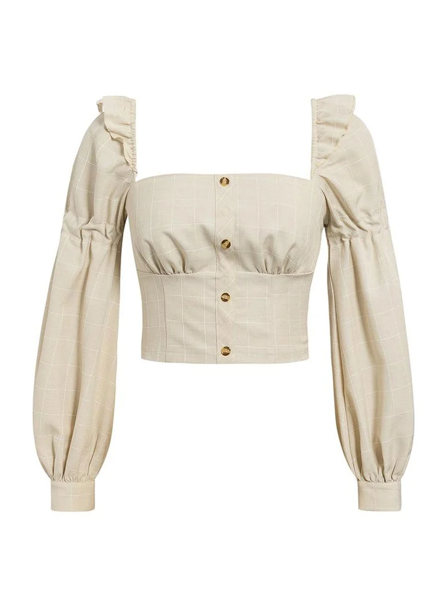 Casual Top Lantern Sleeve Ruffled Square Collar Cropped Blouse