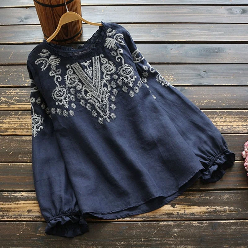 ZANZEA Women Vintage Cotton Linen Blouse Spring Long Sleeve Ruffles Tops Femininas Embroidery Shirt Robe Casual O Neck Blusas 7