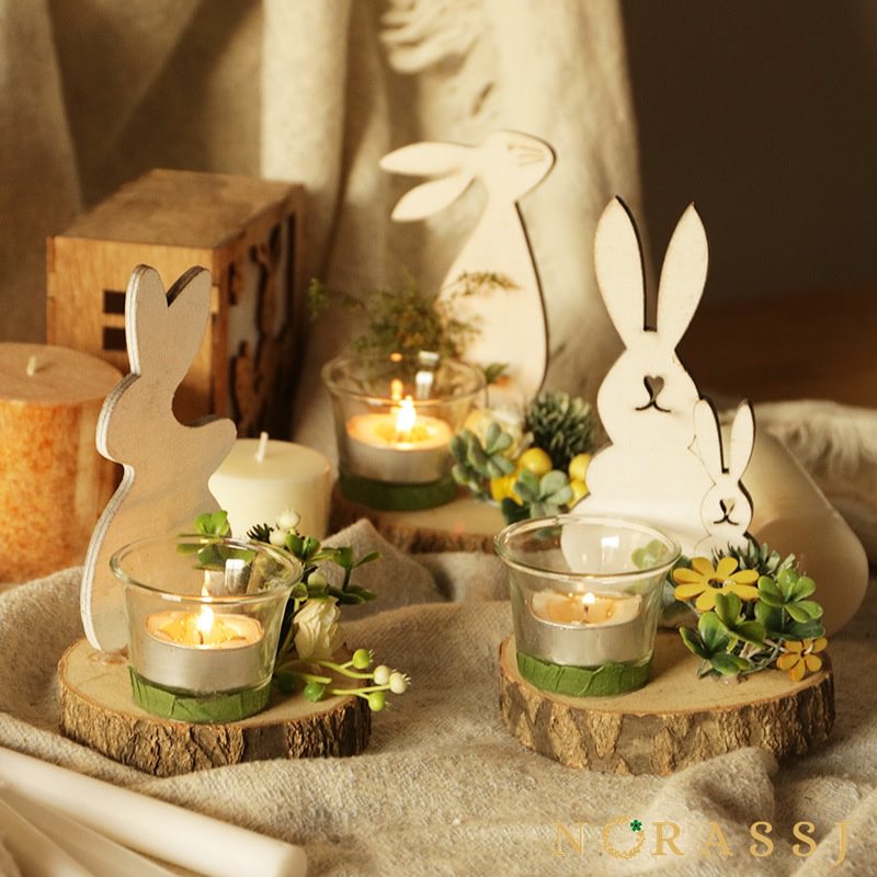 Easter Wooden Bunny Glass Cup Candlestick with Artificial Plants for Spring Easter Table Decor 