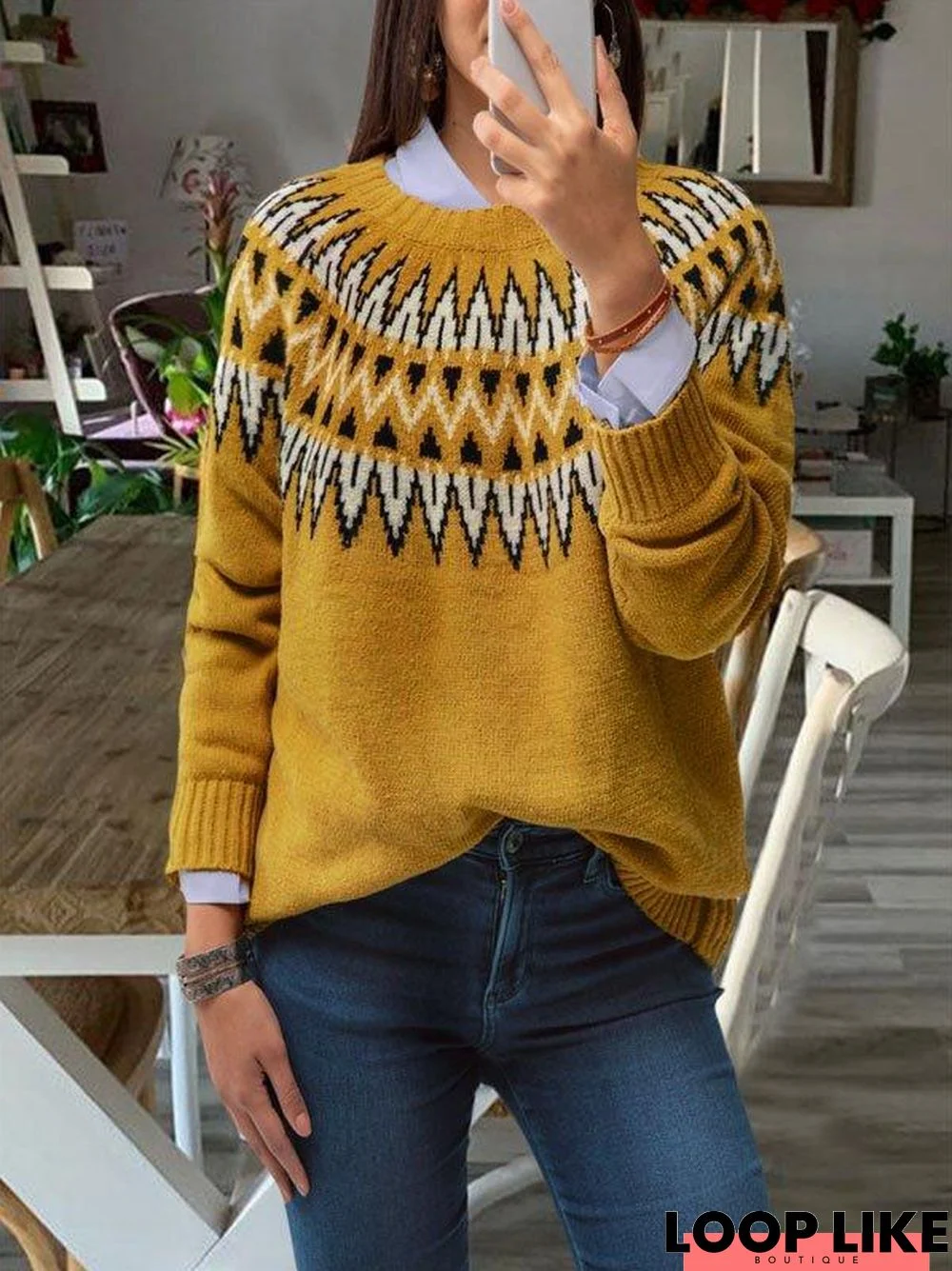 Yellow Knitted Long Sleeve Plus Size Sweater