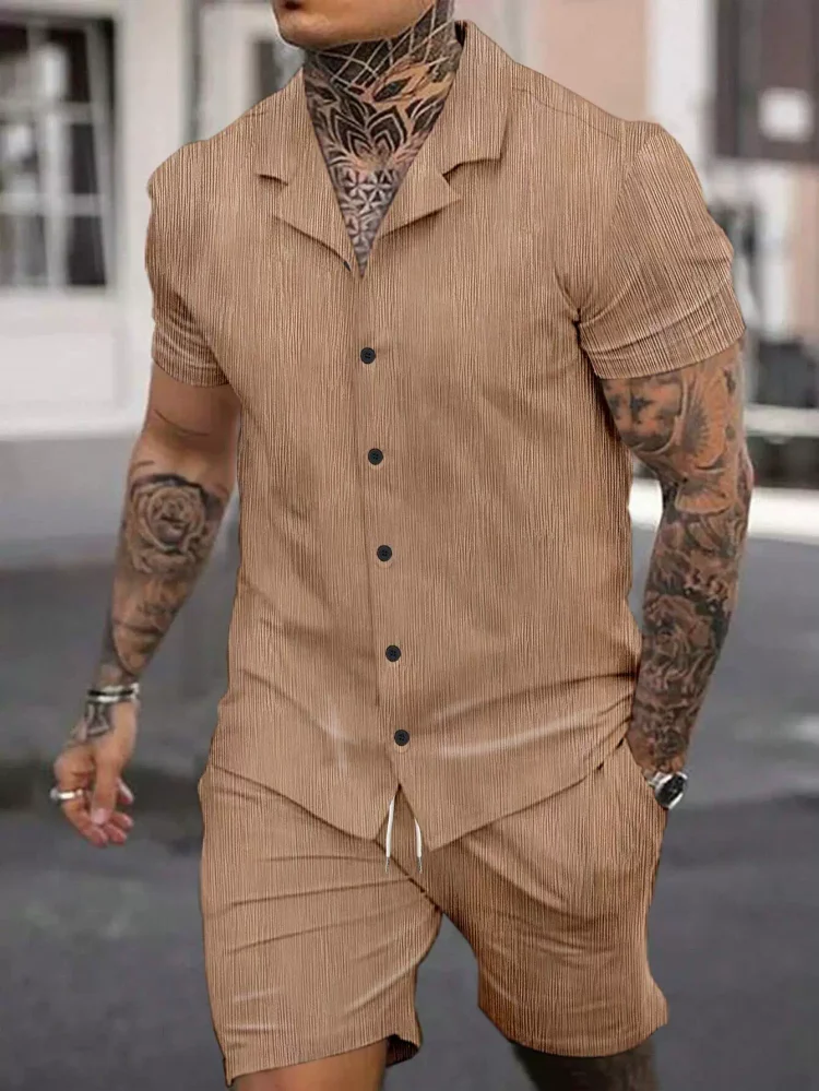 [S-3XL]Men's Classic Casual Striped Digital Print Cuban Collar Shirt Shorts Two-Piece Set