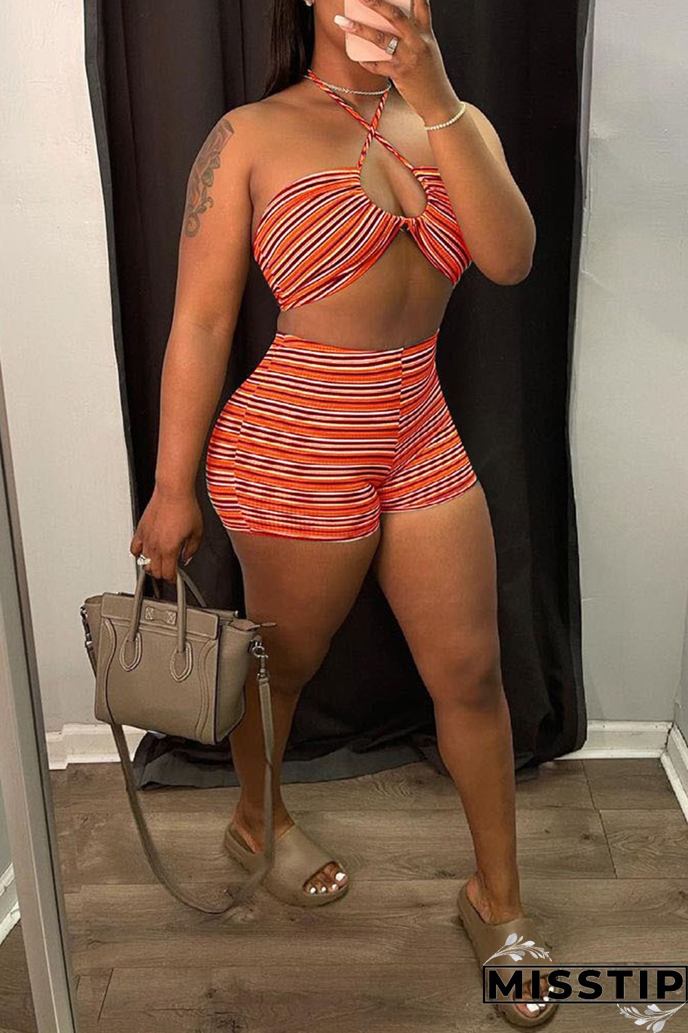 Pale Red Fashion Sexy Striped Print Hollowed Out Backless Halter Sleeveless Two Pieces