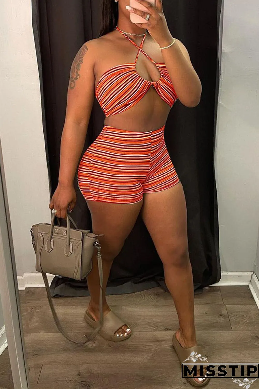 Pale Red Fashion Sexy Striped Print Hollowed Out Backless Halter Sleeveless Two Pieces