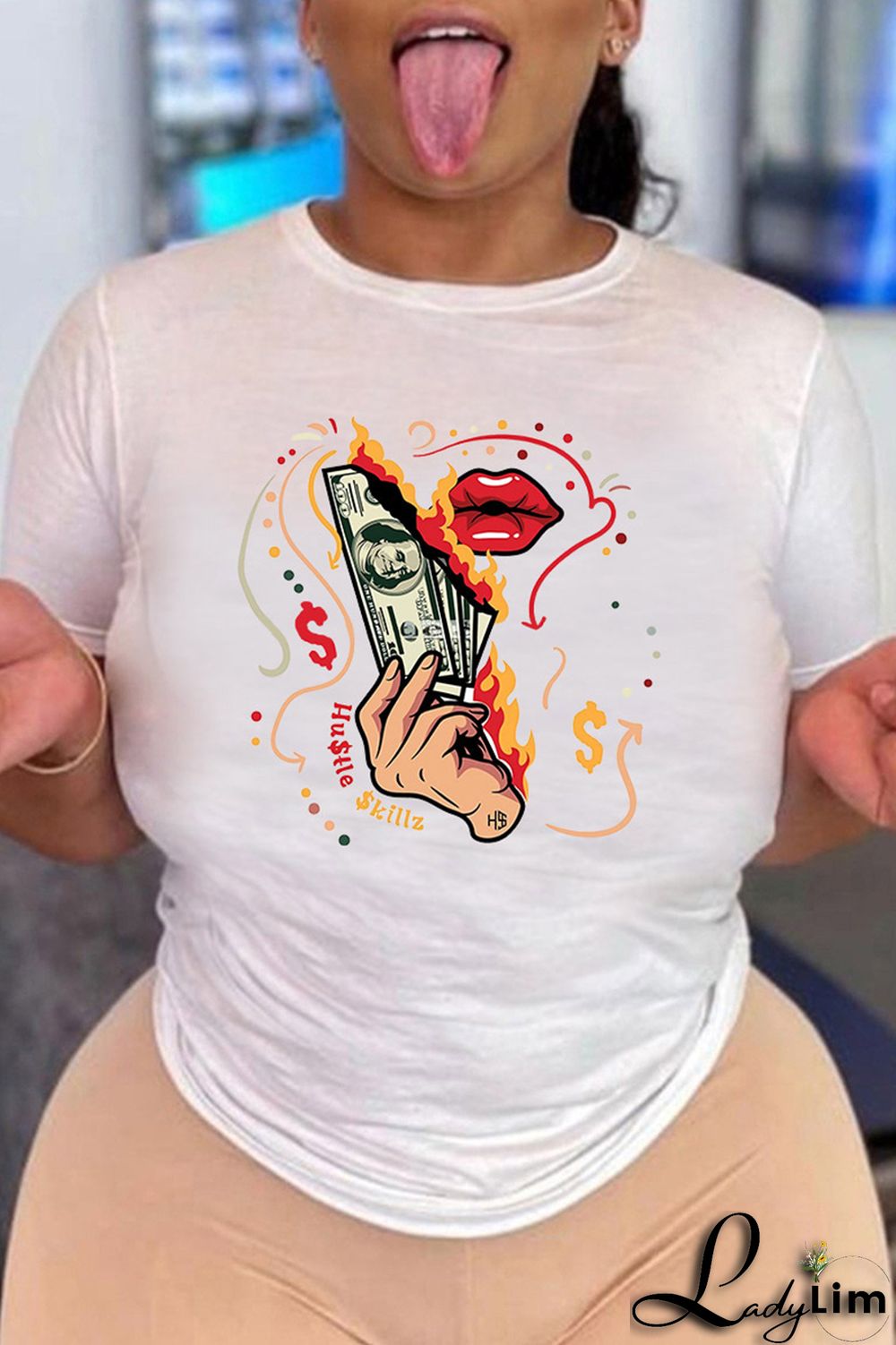 White Red Fashion Casual Print Basic O Neck T-Shirts