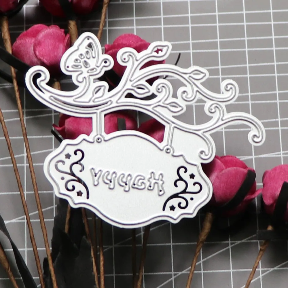 Happy Word Butterfly Branches Cutting Dies Scrapbooking Embossing Die Cut Stencils DIY Decoration Metal Paper Cards Template