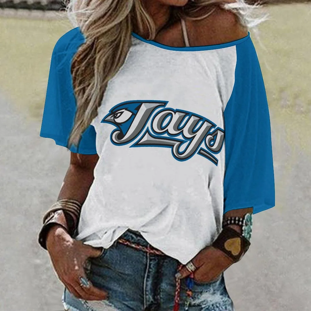 Shoulder Off  Loose Short Sleeve Casual T-shirt for Women Printed with Pattern,Navy,Blue