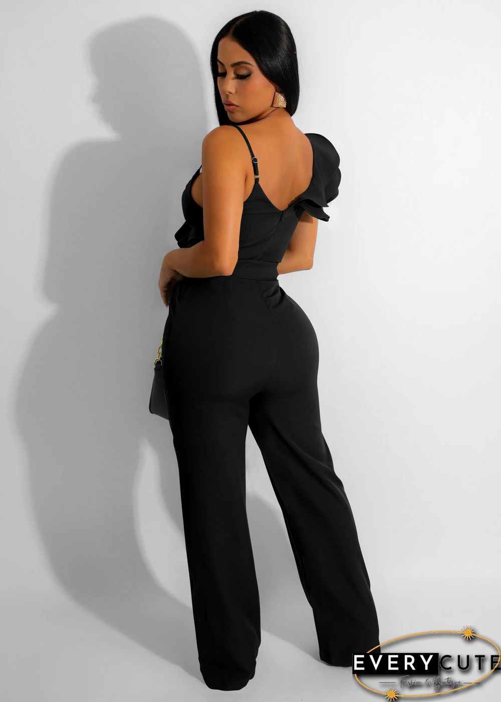 Fashion Ruffled Sleeveless Waist Deep V Loose Jumpsuit