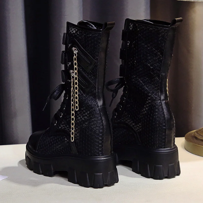 Chunky Platform Motorcycle Boots Women 2022 Summer Breathable Air Mesh Mid Calf Boots Woman Punk Height Increasing Shoes