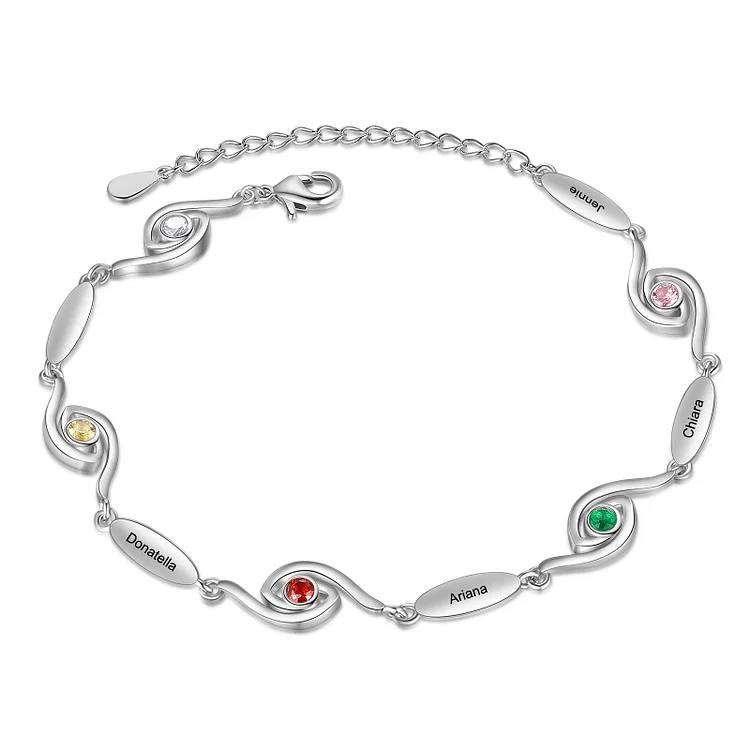 Personalized Evil Eye Bracelet with 4 Birthstones Engraved 4 Names Women Bracelet